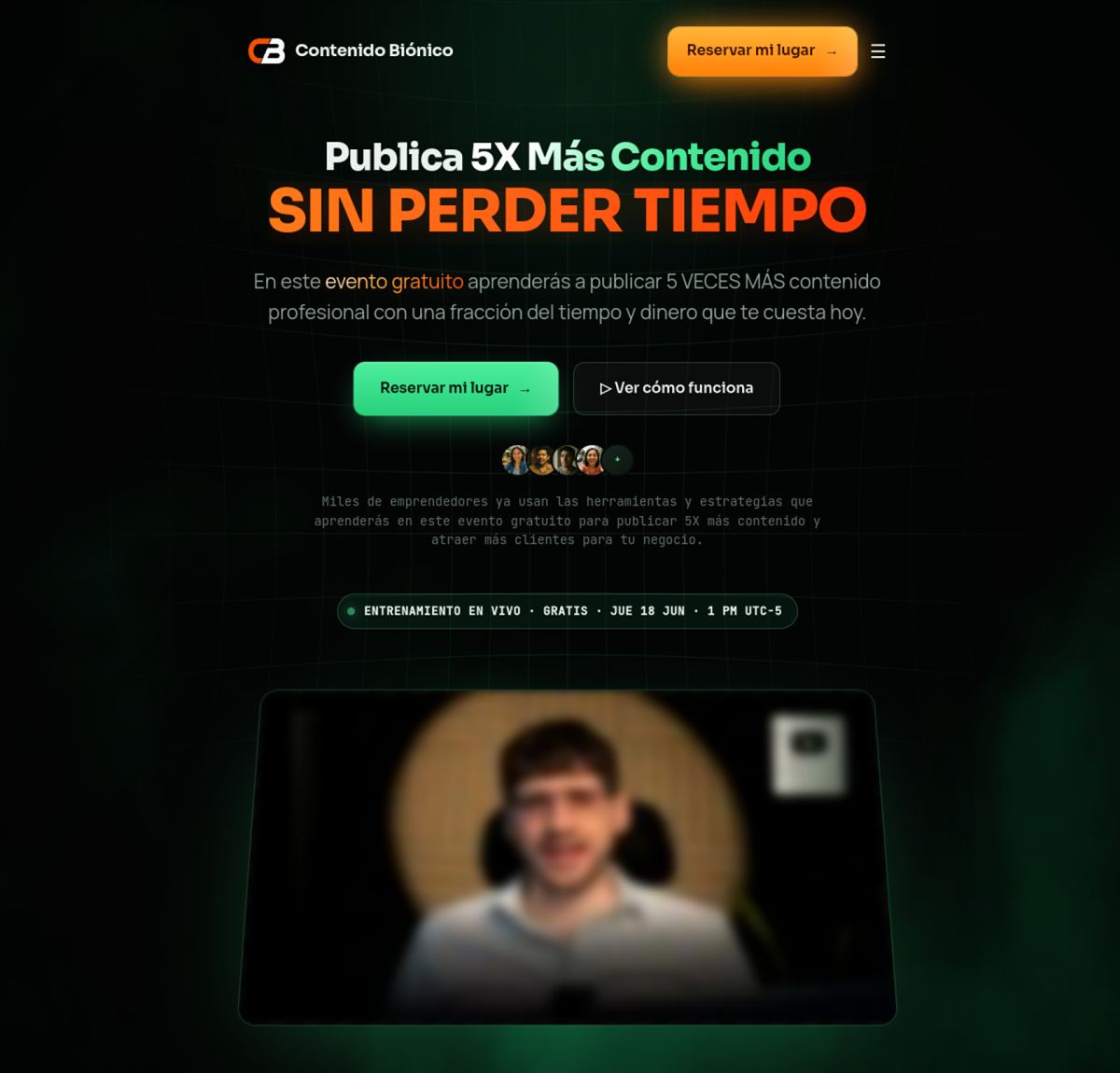 Landing page del evento Contenido Biónico (bionico.ai/evento)